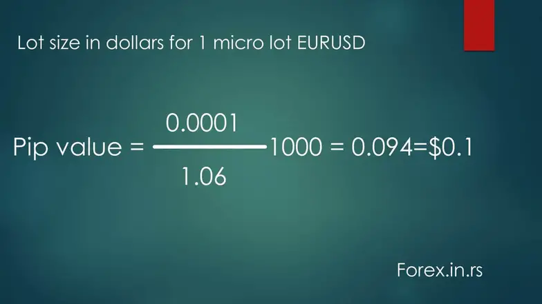 formula to calculate 1 micro lot in dollars for eurusd