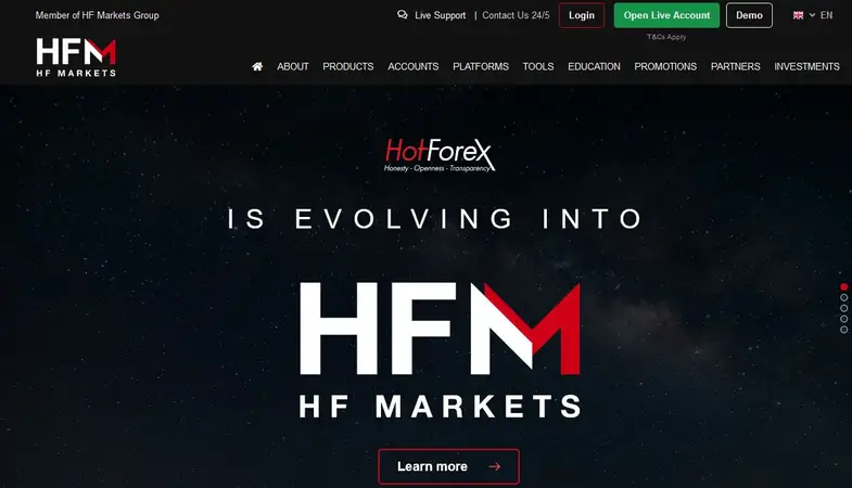Captura de pantalla de la página de inicio de HF Markets