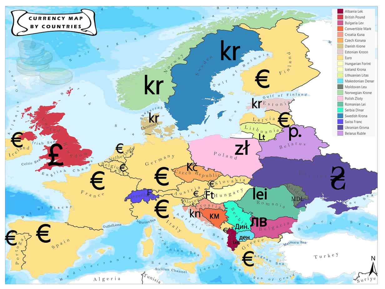 currencies and map